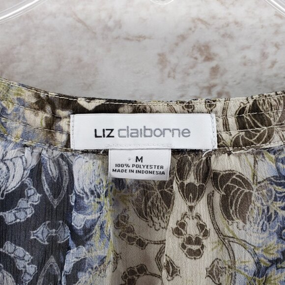 Button Front Floral Leopard Sheer Tiered 3/ 4 Sleeve Tunic Liz Claiborne Size M - Picture 6 of 7